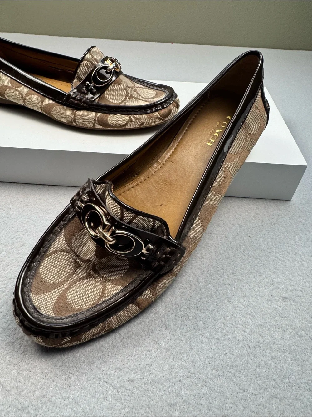Coach Fortunata loafers with Dark Brown Trim and Gold-Tone Chain
